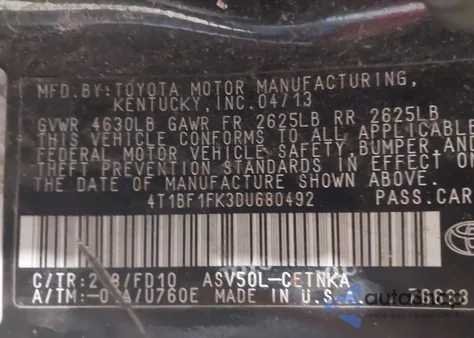 2013 Toyota Camry Le z USA, uszkodzony, nr VIN 4T1BF1FK3DU680492